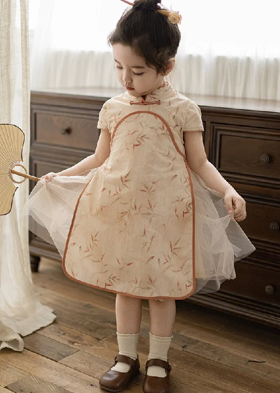 Handmade Orange Stand Collar Tulle Patchwork Kids Maxi Dresses Short Sleeve MN003 Elegant Maxi Dress with Drapes