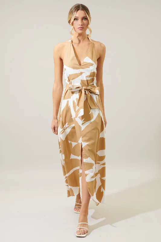 Hazel Abstract Backless Halter Low Tide Maxi Dress Elegant Maxi Dress with Belt