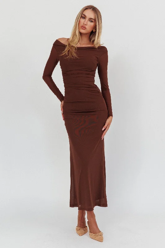 In Blooms Off Shoulder Mesh Maxi Dress Chocolate Stylish Longline Maxi Dress