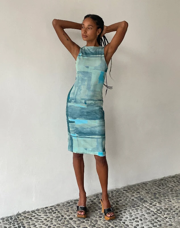 MOTEL X JACQUIE Indie Midi Dress in Mesh Green and Blue Abstract Paint Brush Elegant Pleated Detail Midi Dress