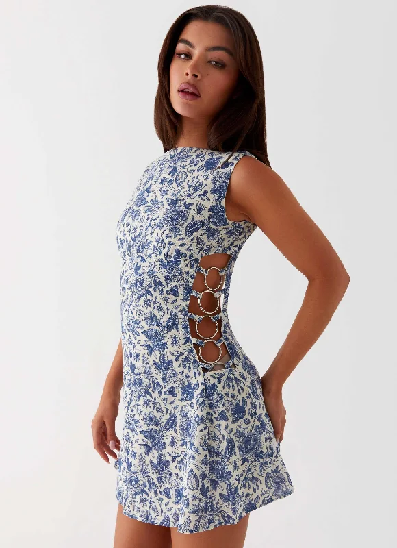 Indigo Bloom Linen Mini Dress - Blue Paisley Cozy Cotton Mini Dress