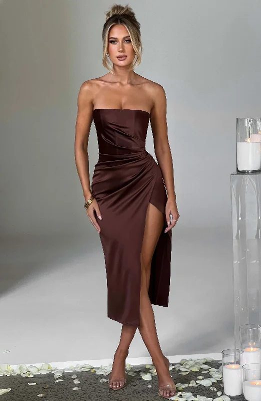 Inez Midi Dress - Chocolate Elegant Satin Midi Dress