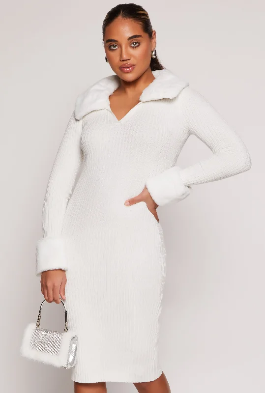 Almost Famous Faux Fur Collar Midi Dress Stylish Long Sleeve Floral Midi Dress