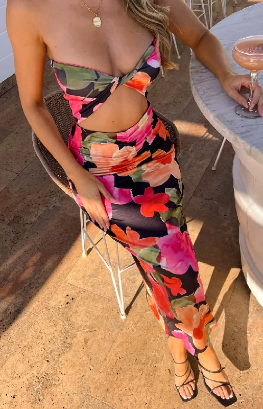 Juliete Floral Midi Dress Trendy Off-Shoulder Button Midi Dress