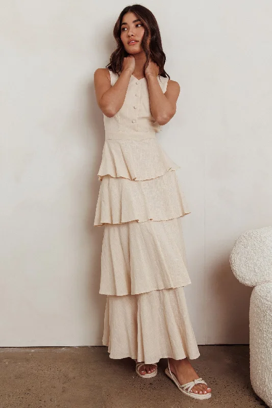 Just Perfect Tiered Ruffle Maxi Dress Oat Stylish One-Shoulder Maxi Dress
