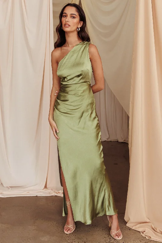 Kamillia One-Shoulder Split Maxi Dress Olive Casual Maxi Dress with Pockets