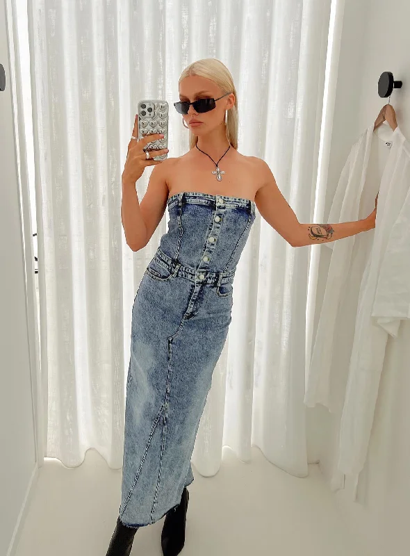 Kasim Denim Maxi Dress Blue Trendy V-Neck Maxi Dress