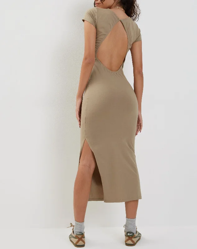Kasor Open Back Midi Dress in London Fog Stylish Button-Up Midi Dress