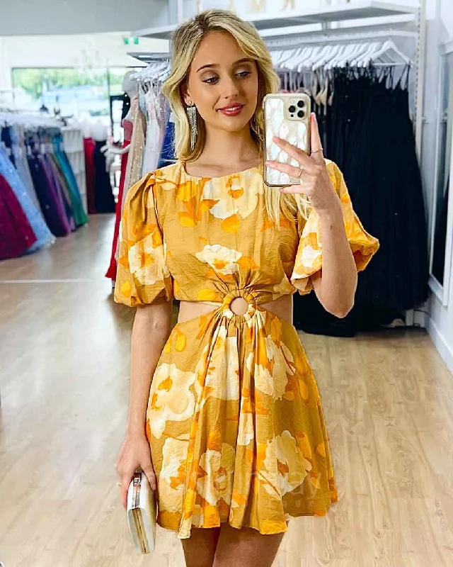 Kate Mini Dress - Yellow Floral Cozy T-Shirt Mini Dress