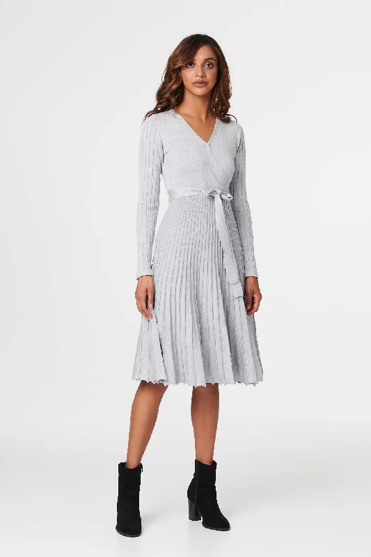 Pleated Tie Waist Knit Midi Dress Cozy Midi Dress with Pockets