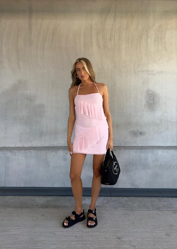 Kendall Halterneck Ruffle Mini Dress -Pale Pink Trendy Mini Dress with Belt