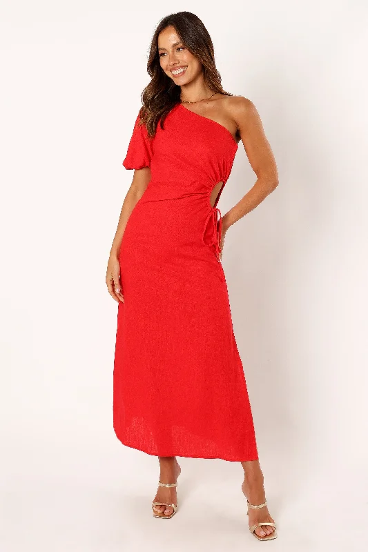 Kimmie One Shoulder Cut Out Midi Dress - Red Elegant Satin Button Midi Dress