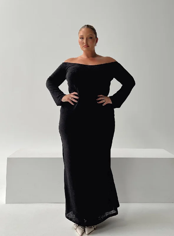 Korey Off The Shoulder Maxi Dress Black Curve Comfortable Maxi Dress with Sleeves