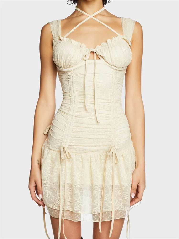 Lace Floral Ruched Sleeveless Strap Mini Dresses Trendy Crossover Mini Dress