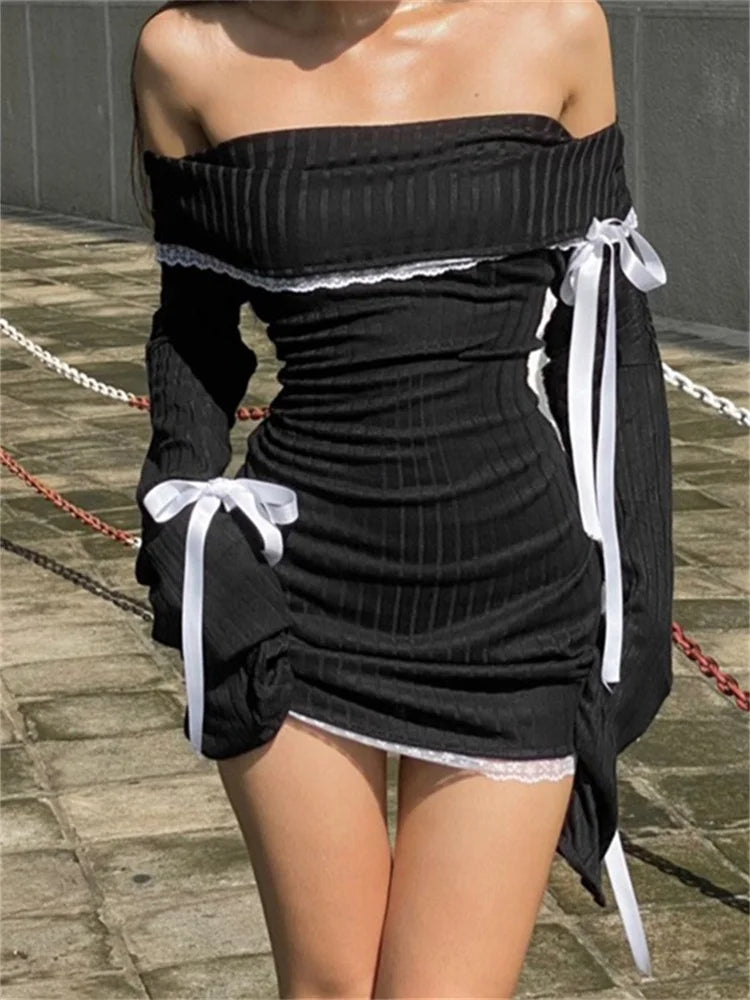 Lace Patchwork Off Shoulder Long Sleeve Mini Dresses Stylish Ruffle Mini Dress