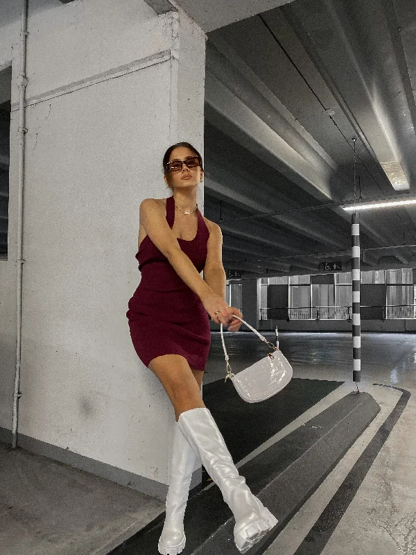 Glamorous Care Burgundy Halter Neck Ribbed Mini Dress Stylish Ribbed Mini Dress