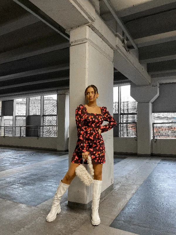 Glamorous Care Plum Watercolour Floral Square Neck Long Sleeve Mini Dress Trendy Button-Detail Mini Dress
