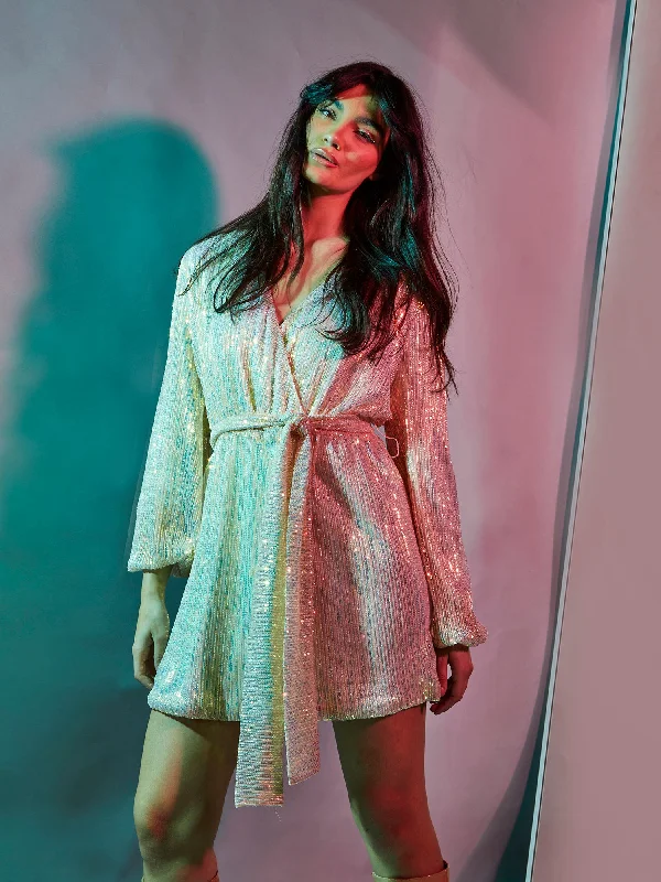 Glamorous Nude Iridescent Sequin Tie Waist Wrap Mini Dress Stylish Ribbed Mini Dress