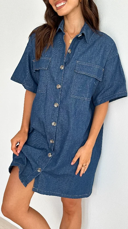 Laksha Mini Dress - Dark Denim Trendy A-Line Mini Dress