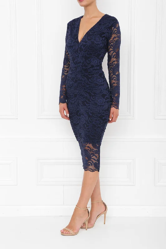 Lana Navy Lace Midi Dress With Long Sleeves Stylish Midi Dress with Cuffs