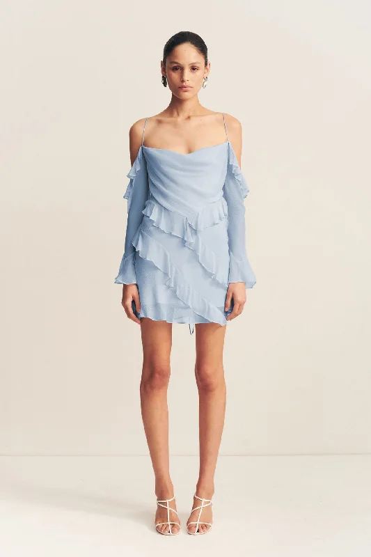 LAYLA LONG SLEEVE RUFFLE MINI DRESS - SKY Comfortable Polka Dot Mini Dress