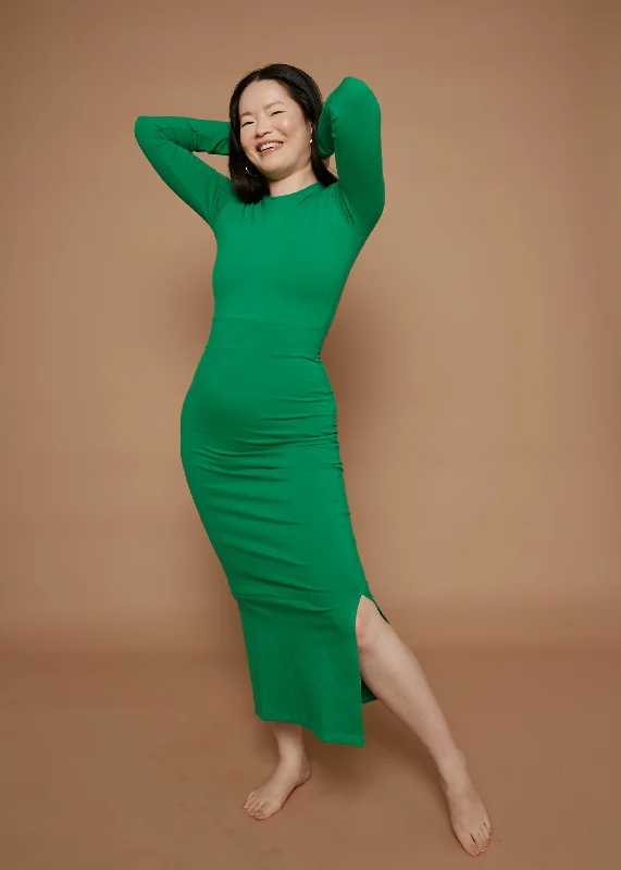 Leki Midi Dress in  Grass Green Fashionable Sheer Sleeve Midi Dress
