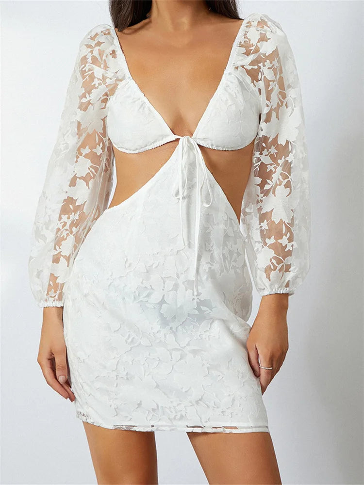 Long Sleeve V Neck Tie-up Backless Floral See Through Mini Dresses Casual Button-Up Mini Dress