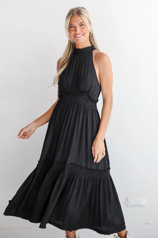 Lovely Intuition Black Satin Midi Dress Stylish Vintage Midi Dress