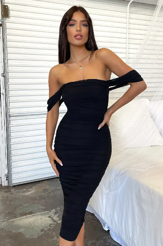 Lucinda Midi Dress - Black Chic Lace Detail Midi Dress