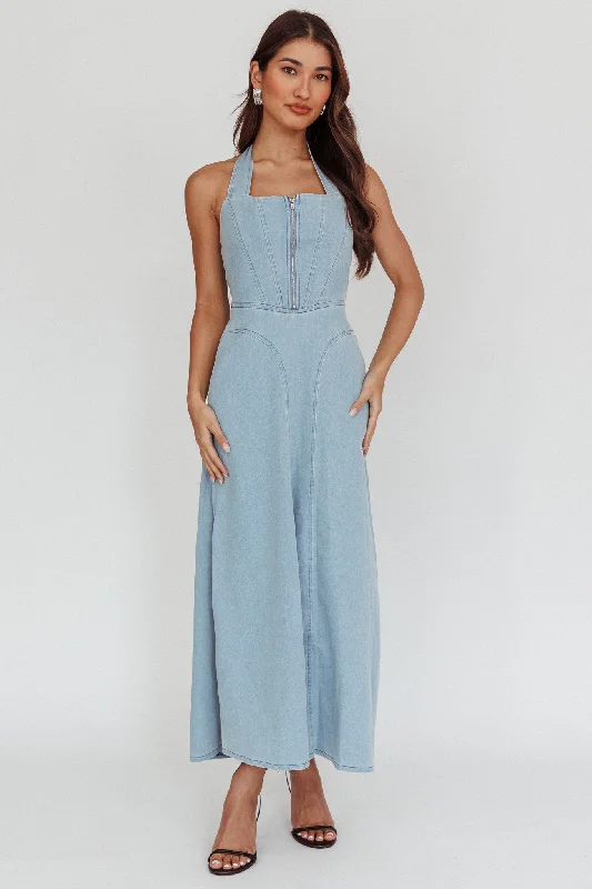 Lumi A-Line Maxi Dress Light Denim Blue Trendy Short Sleeve Maxi Dress