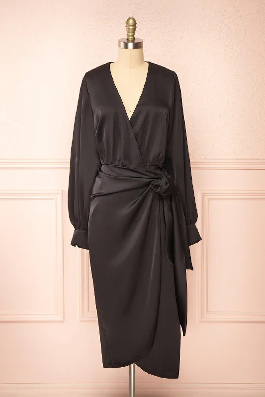 Lunaria Black | Satin Wrap Midi Dress w/ Long Sleeves Comfortable Empire Waist Midi Dress