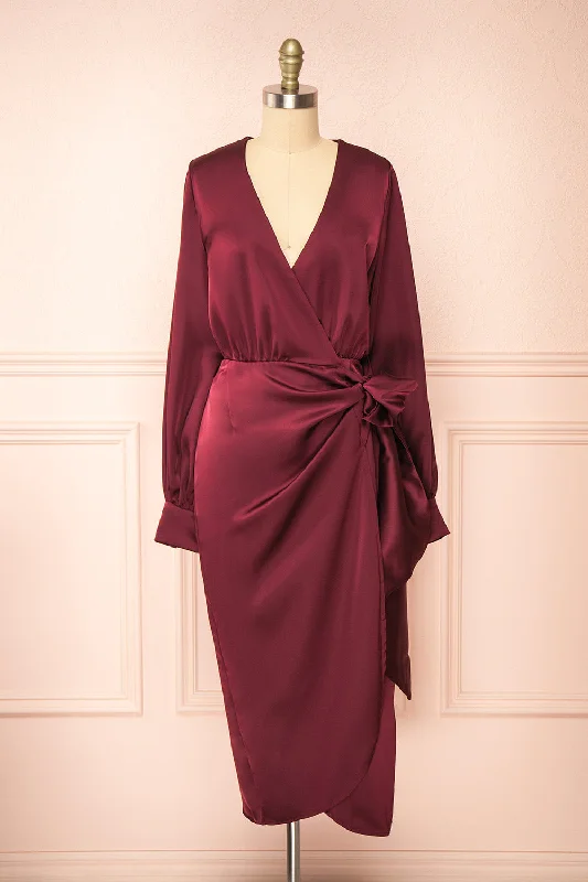 Lunaria Burgundy | Satin Wrap Midi Dress w/ Long Sleeves Cozy A-Line Midi Dress