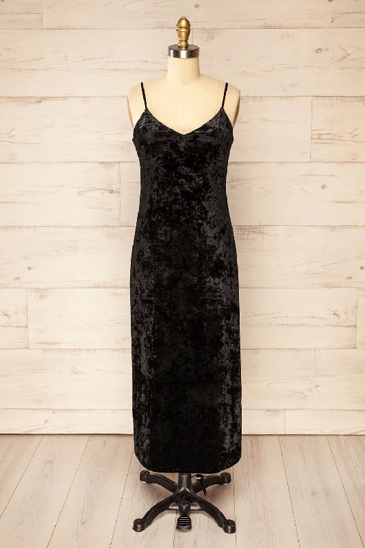 Luritta | Black Velours Midi Dress Fashionable Pleated Midi Dress