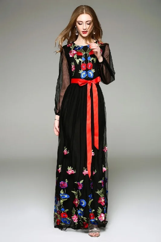 FashionSierra - Long Lantern Sleeves Floral Embroidery Sash Belt Elegant Maxi Dress Elegant Velvet Maxi Dress FashionSierra - Long Lantern Sleeves Floral Embroidery Sash Belt Elegant Maxi Dress Elegant Velvet Maxi Dress