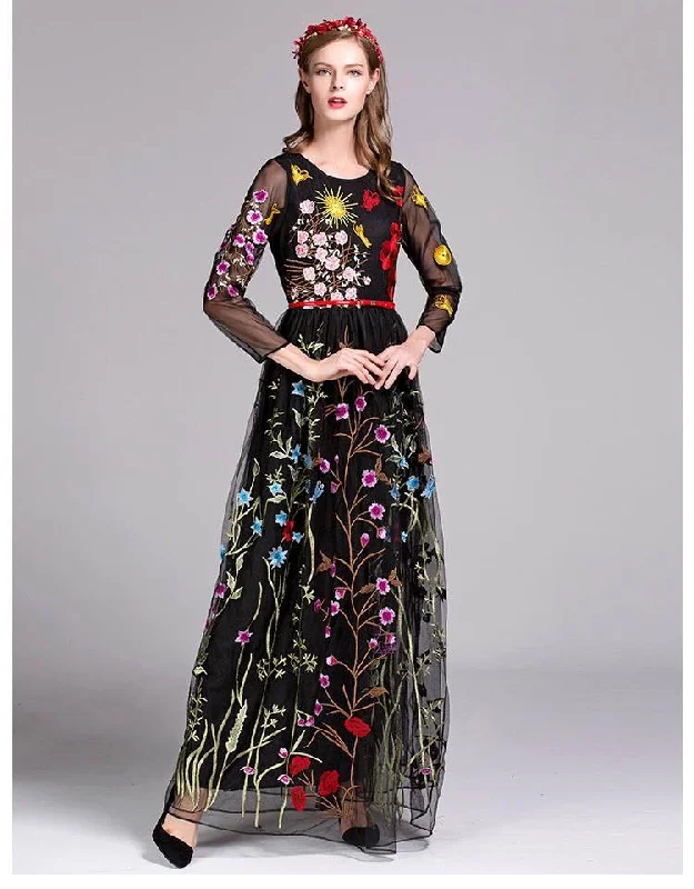 FashionSierra - Embroidery Layered Floral Maxi Dresses Fashionable Off-Shoulder Maxi Dress
