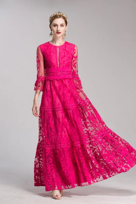 FashionSierra - Embroidery Lace Hollow Out Elegant Prom Maxi Dresses Elegant Maxi Dress with Belt