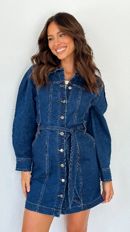 Margie Denim Mini Dress - Indigo Casual High-Waist Mini Dress