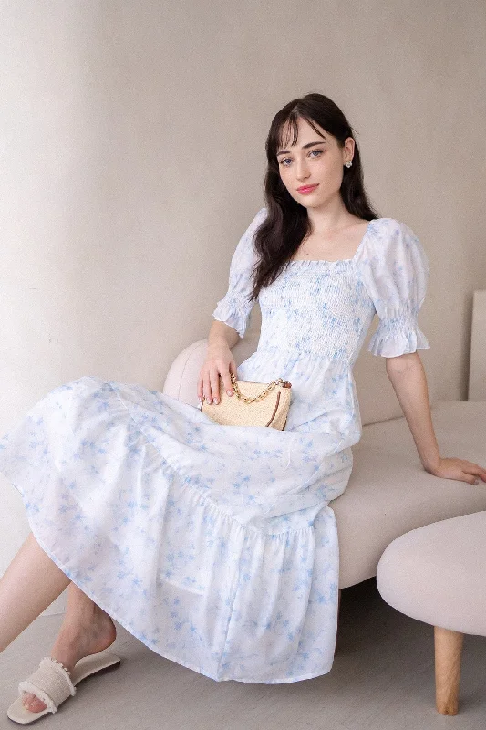 MARIBELLE SMOCKED MAXI DRESS IN BLUE Trendy Maxi Dress with Bow