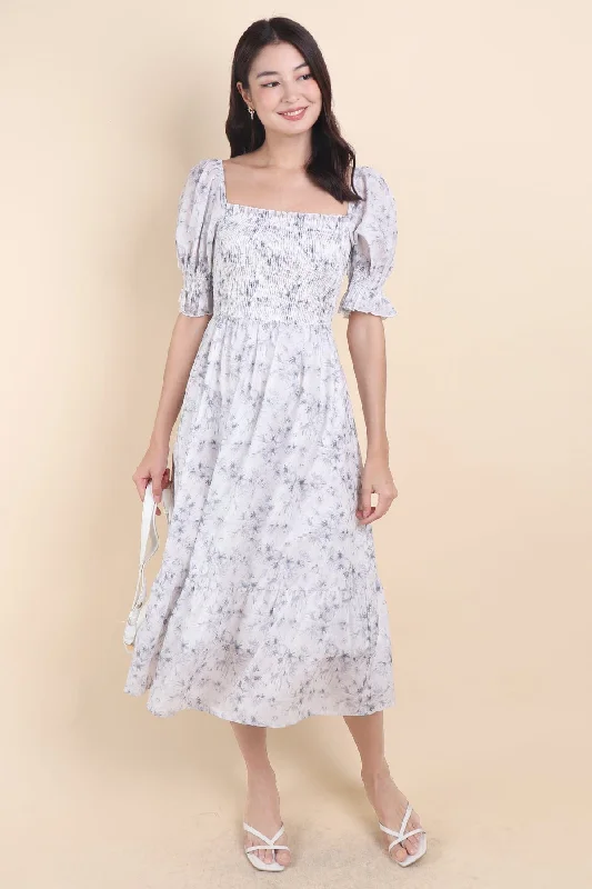 MARIBELLE SMOCKED MAXI DRESS IN GREY Trendy Fit-and-Flare Maxi Dress