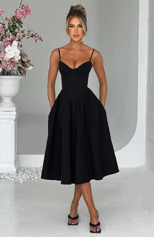Mariella Midi Dress - Black Elegant Puff Sleeve Midi Dress