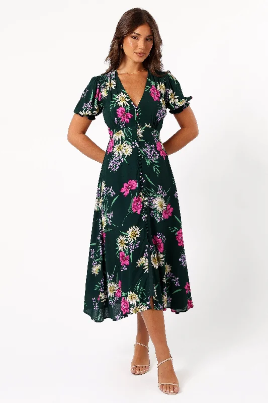 Mazie Floral Midi Dress - Eden Florals Elegant Floral Appliqué Midi Dress