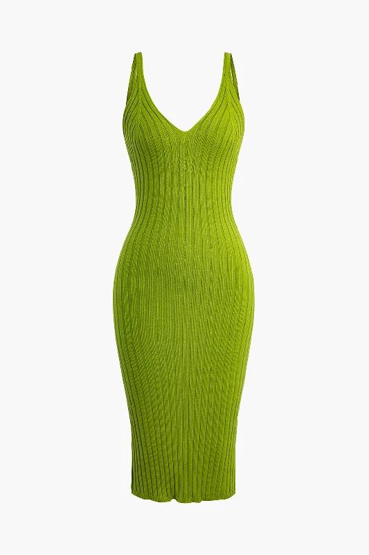 Sleeveless V-Neck Knit Midi Dress Fashionable Plaid Midi Dress