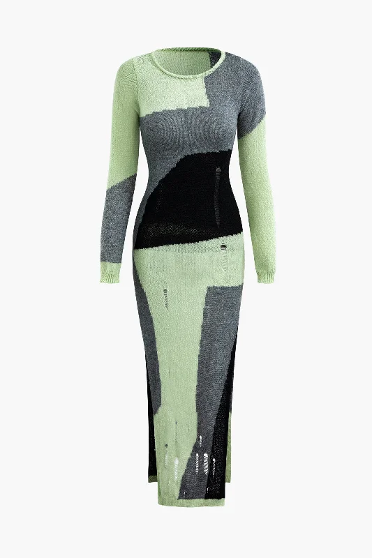 Colorblock Knit Destroyed Slit Midi Dress Stylish Satin Midi Dress