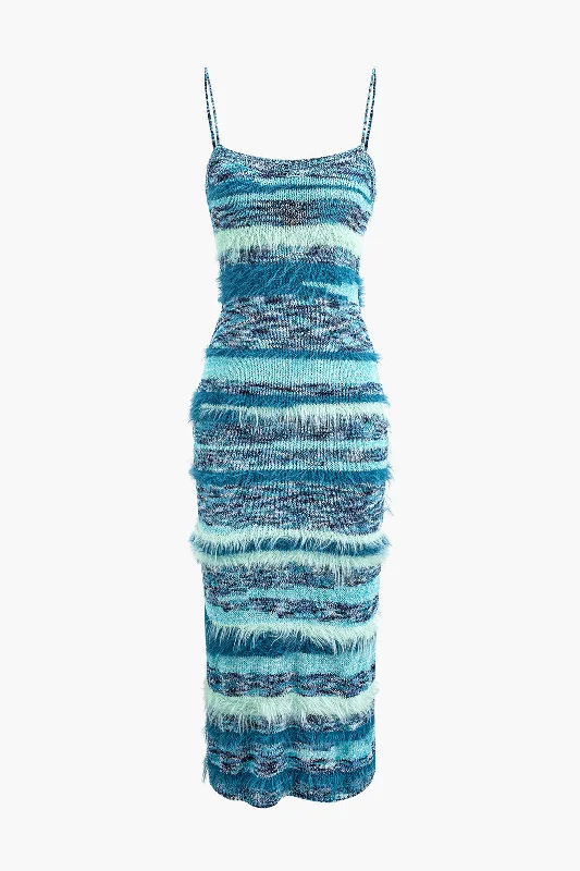 Feather Detail Stripe Cami Knit Midi Dress Comfortable Ribbed Midi Dress