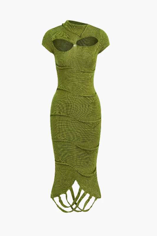 Fringe Hem Cut Out Knitted Midi Dress Trendy Shift Midi Dress