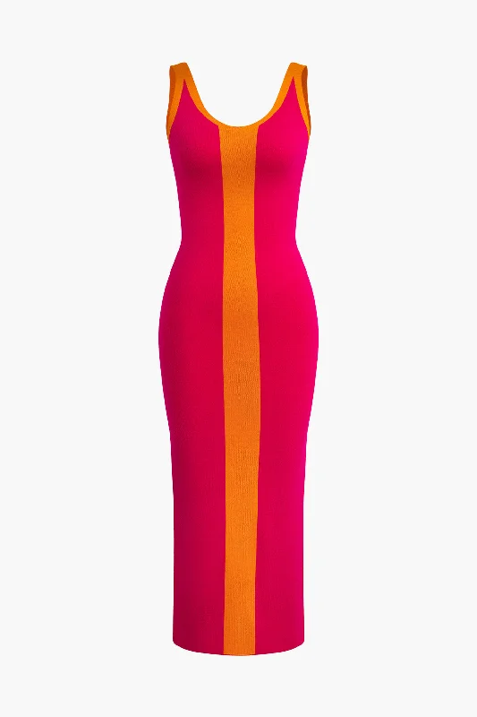 Contrast Knitted Slit Midi Dress Fashionable Fitted Midi Dress