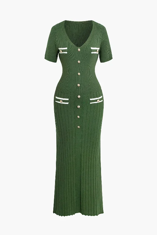 Ribbed Knit V-neck Midi Dress Elegant Pleated Sleeve Midi Dress