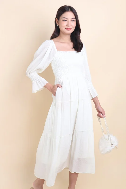 MEADOW SMOCKED MAXI DRESS IN MILKY WHITE Comfortable Ruffle Maxi Dress