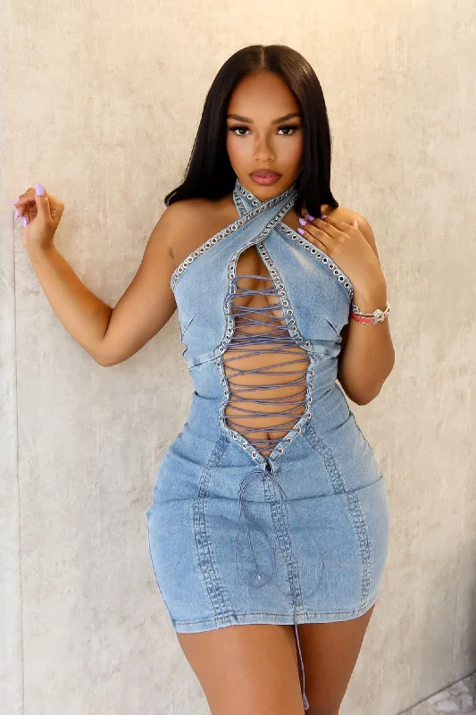 Monroe Cross Halter Denim Mini Dress Stylish Short Sleeve Mini Dress