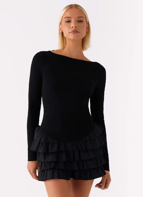 Moon Rising Long Sleeve Mini Dress - Black Comfortable Ruffle Mini Dress